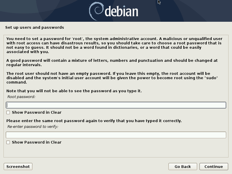 Debian password screen