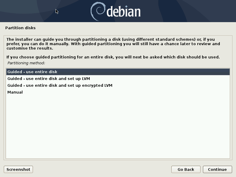 Debian partition config screen